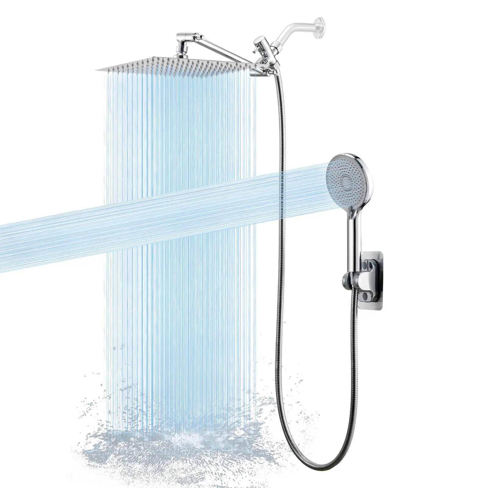 Dual Showerhead Combo, 10-in High-Pressure Rainfall & Detachable Bendable Handheld Chrome Showerheads with Adjustable Modes, 11-in Extension Arm, 3-Way Diverter, 60-in Hose, Detachable Bendable Showerheads & Handheld Showers