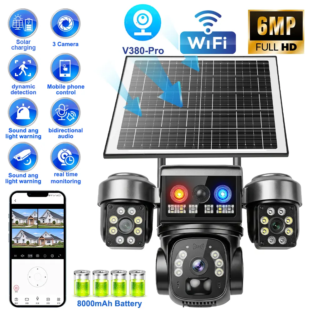 4K Solar Wireless Security Camera | Triple Lens, 355° Wide-Angle, Motion Detection, Two-Way Audio, 2.4G WiFi, Audio Alarm, Mobile Remote Access, Ideal for Home Security