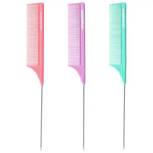 3  Rat Tail Combs Parting Rattail Combs Teasing Fine Tooth Comb with Metal Pick for Curly Hair,Detangling Combs for Women,Parting Combs for Braiding,Styling Hair(Pink Purple Green)