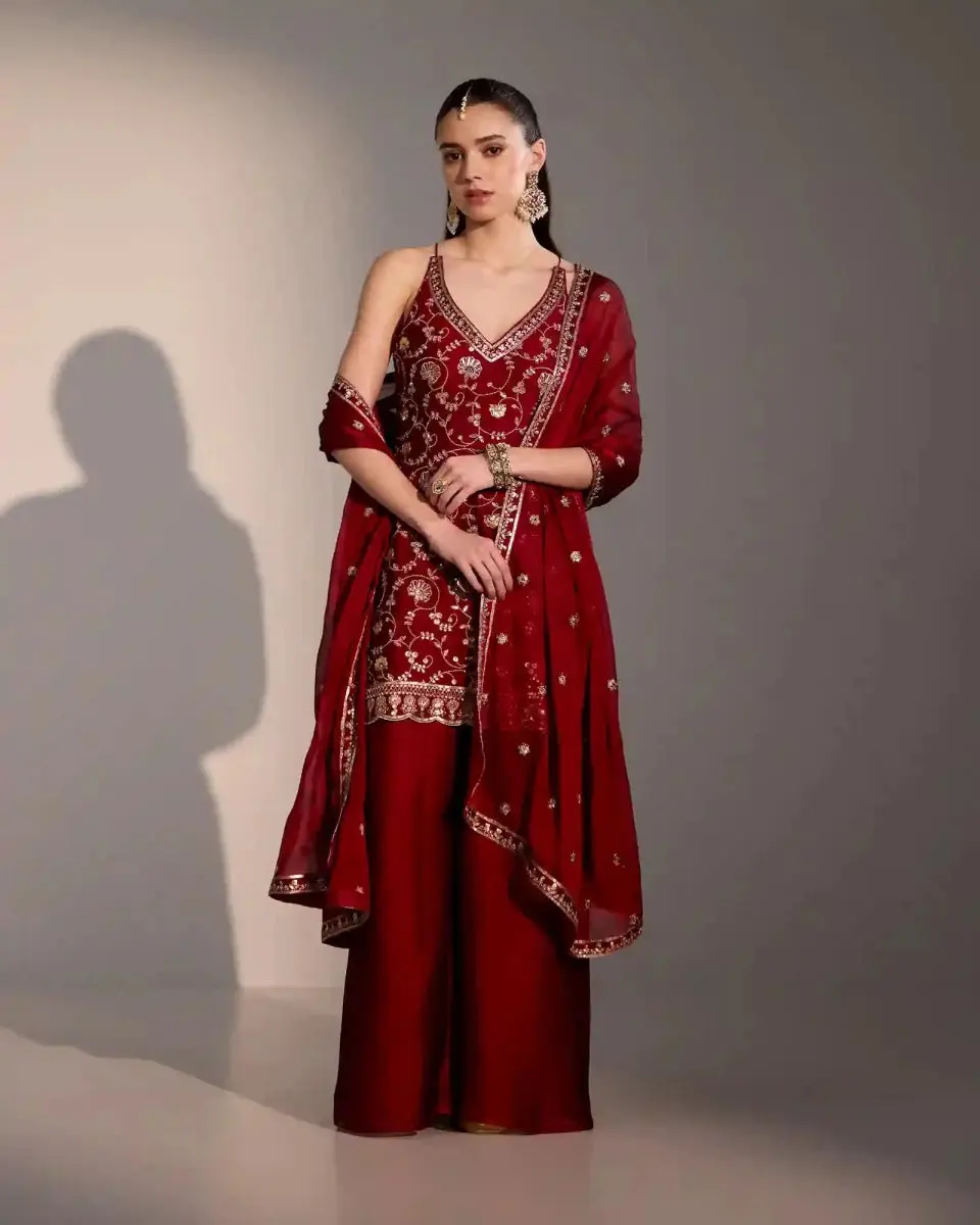 Women's Deep Red Silk Sharara Suit - Designer Traditional Ethnic Party Wear with Gota Patti Embellishments, Luxurious Fabric, Comfortable Fit, Sequin Accents for Elegance & Statement Looks