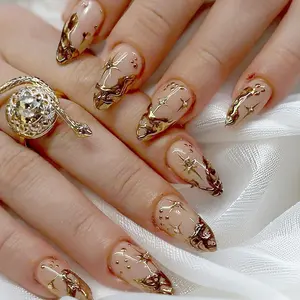Gold Press On Nails Almond – Short 3D Gold Chrome French Tip Fake Nails, Full Cover Acrylic False Nails, 24Pcs Nail Set for Women, Elegant Press On Nails for Manicure Art