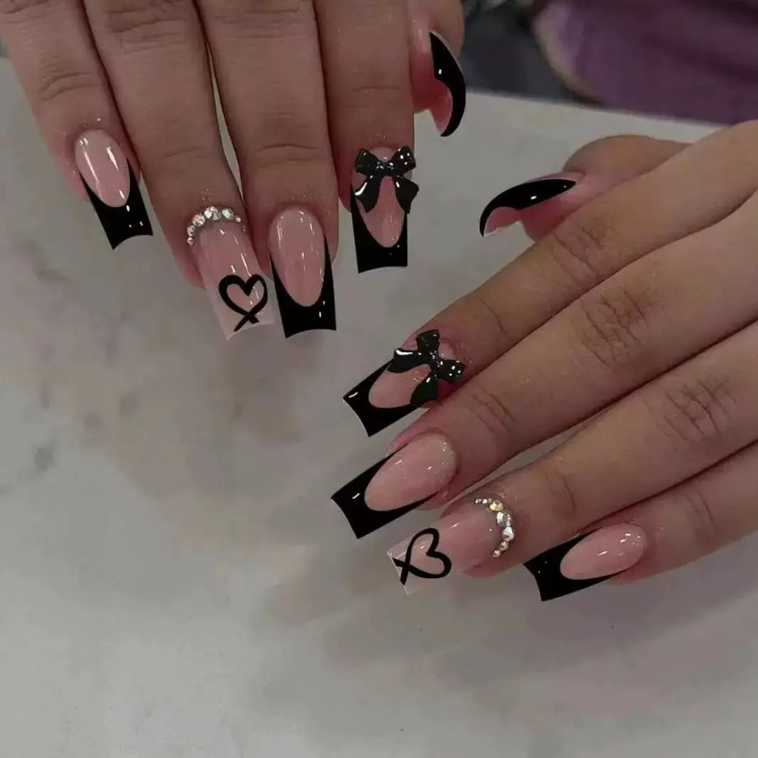 Press-On Nails, 24 Pcs Reusable Long-Wear Kit, Sheer Nude & Black French Tips with 3D Bows, Hearts & Chains for Dates