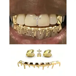 Best-selling European and American cross-style copper micro-inlaid zirconia single water-drop tooth grill