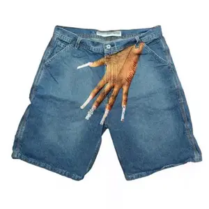 Men's Hip-Hop Style Printed Denim Shorts - European & American Design, High-Street Fashion Couple Casual Five-Inch Pants Jeans Cotton Streetwear Blue shorts for summer jean shorts men Menswear Urban Fabric