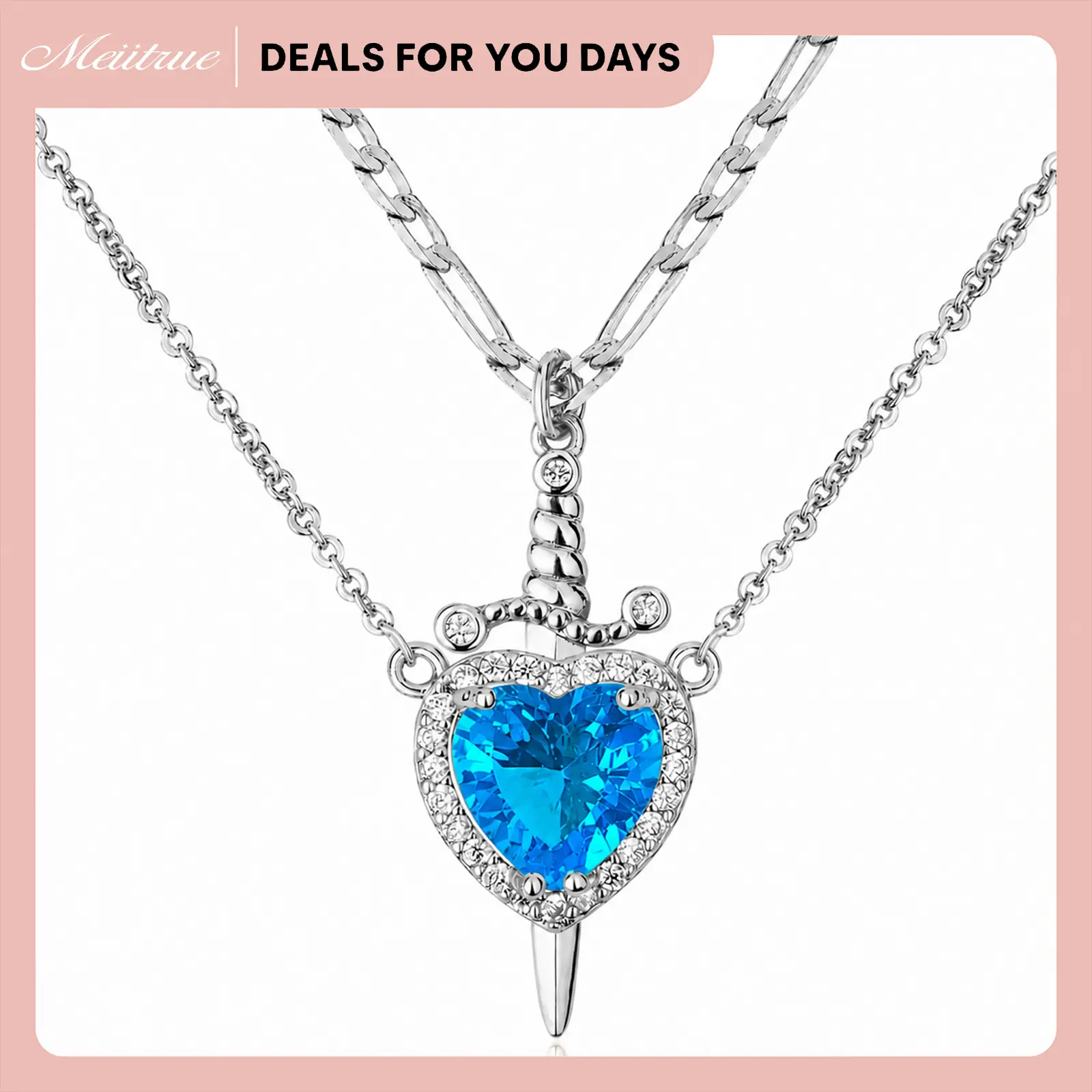 MEIITRUE Shared Bond Heart & Sword Necklace Set. Keep One Share One, 14K Gold Plated CZ Pendant Jewelry Gift for Best Friends Sisters Couples & Loved Ones