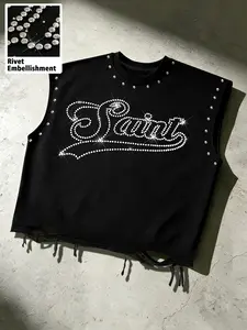 Men's Sleeveless T-Shirt with Rivet Letters, Asymmetrical Design, Casual Fitted Style, Ideal for Gym and Streetwear