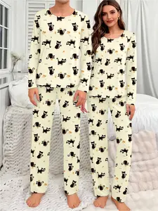 Cute Soft Cream All Black Cartoon Cat Pattern Comfortable Couple Pajama Set