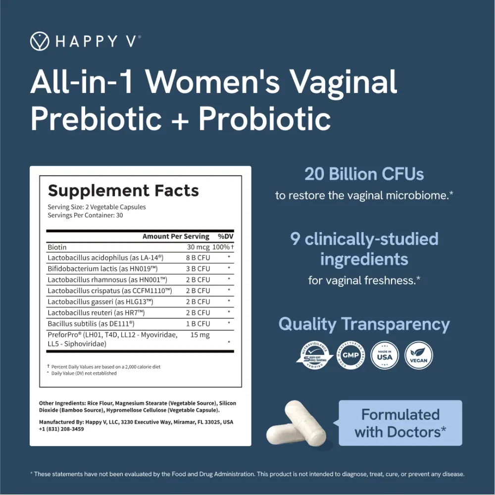 Happy V Vaginal Prebiotic + Probiotic for Women – Clinically Proven pH Balance & BV Treatment, Natural Yeast Infection Support, 60 Vegan Capsules Dietary Gut Health Supplement