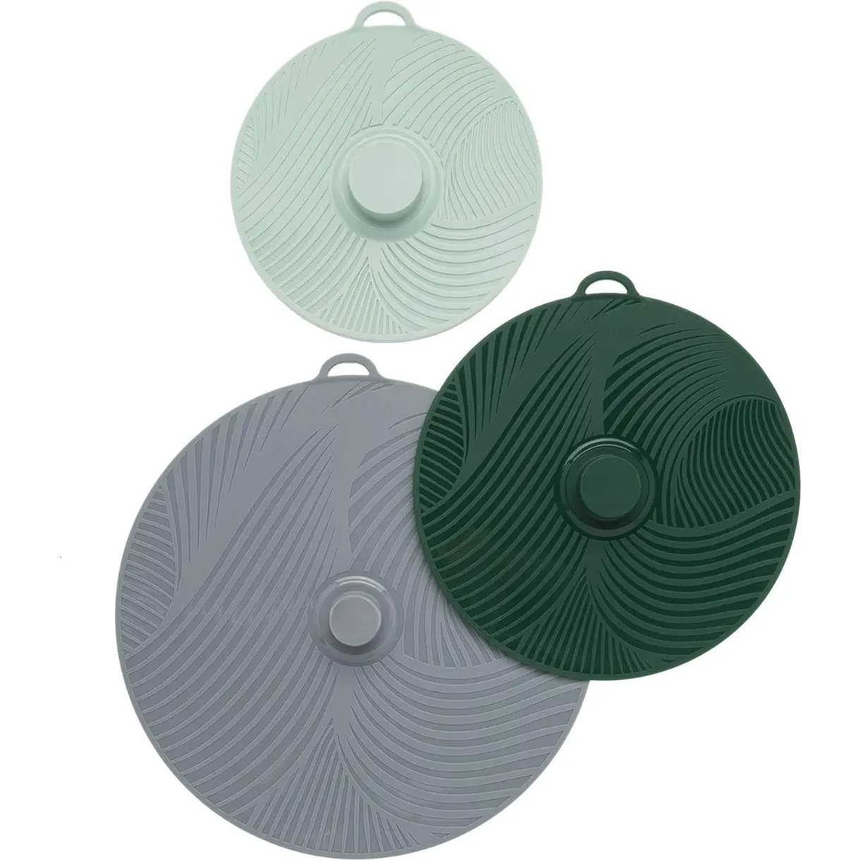 Universal Silicone Lids for Pots and Pans, Heat Safe, Reusable Suction Seal Covers for Bowls, Pots, Cups- Food Grade, Dishwasher Safe, 3 Piece, Gray, Green and Sage