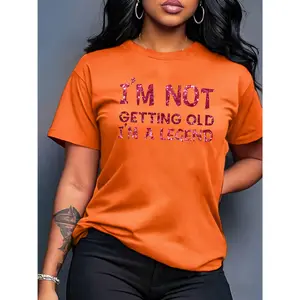 100% Cotton Women's Short Sleeve Top "I'M NOT GETTING OLD I'M A" Faux Sequin Print Round Neck Machine Washable Comfortable, Soft, Breathable Suitable for Spring, Summer, and Autumn Loose Casual Fashion Commuting Daily Simple Versatile