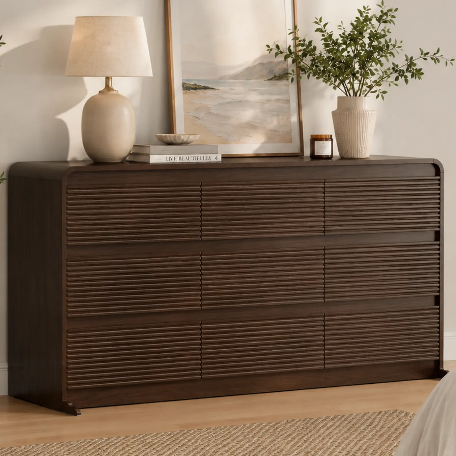 Loomie 59" 9-Drawer Dresser with Charging Station, Mid-Century Wide Curved Chest of Drawers with No-Handle Design, Long Dressers for Bedroom, Walnut