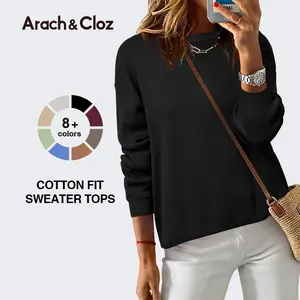 Arach&Cloz Women's 100% Cotton Crew Neck Spring Casual Relaxed Fit Sweater Tops 2026
