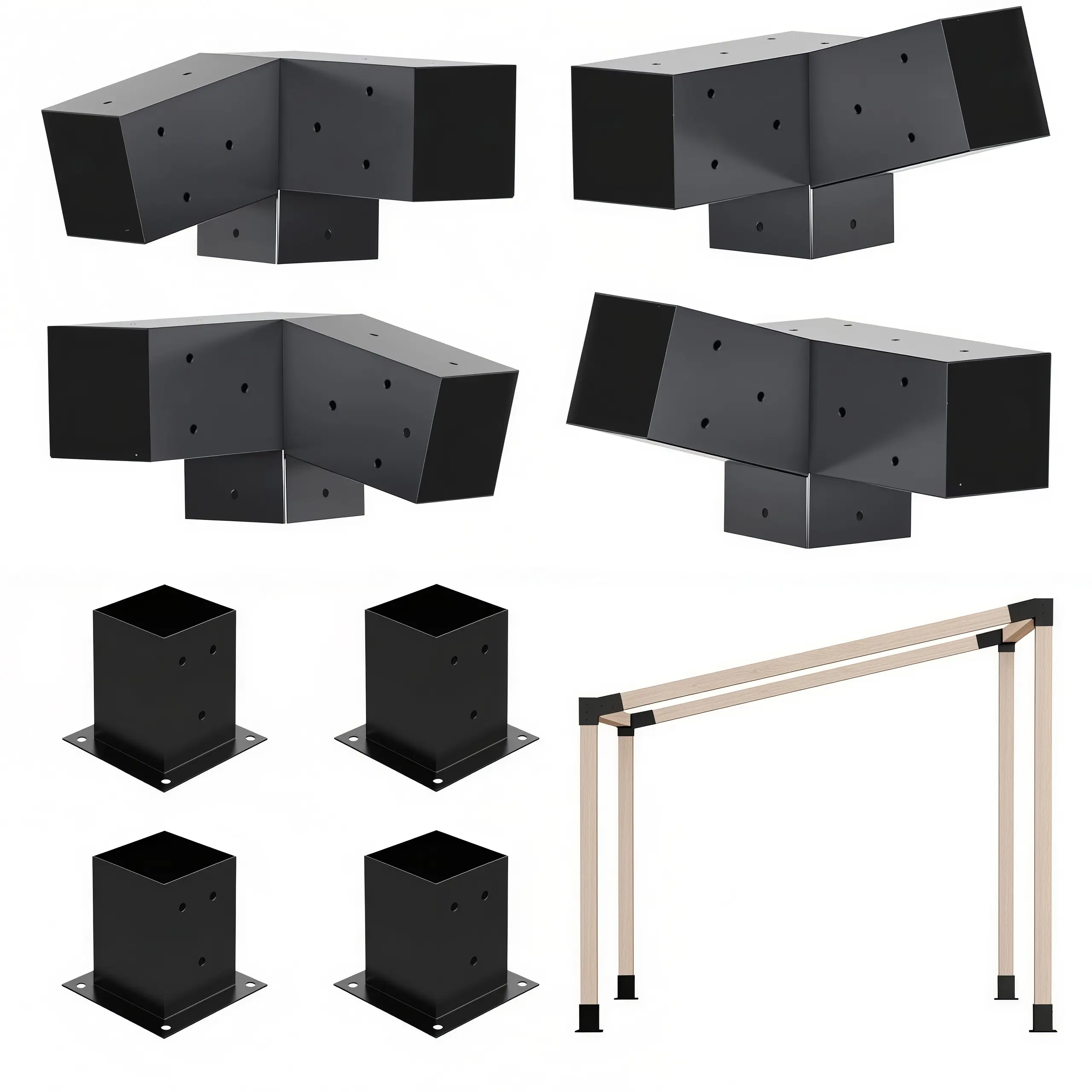 Jurrque Durable Coated Galvanized Steel Pergola Bracket Post Base Kit (2.5mm Thick, Corrosion-Resistant Heavy-Duty) 8pcs (4x15° 3-Way Hooks, 4xBolt-Included Bases) for 4"x4" (3.6"x3.6" Actual) Lumber, Easy-Install DIY for Outdoor Gazebos