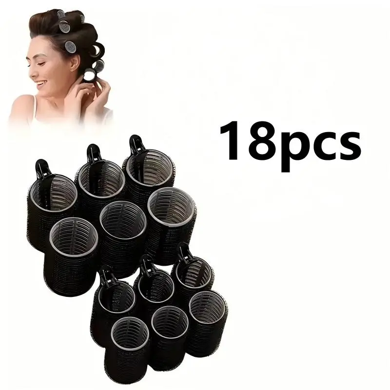 18PCS Black Hair Rollers Set, 6 Large Rollers, 6 Small Rollers and 6 Hair Clips for DIY Hairstyling, Root Volume, Curls, Bangs and Everyday Hair Styling