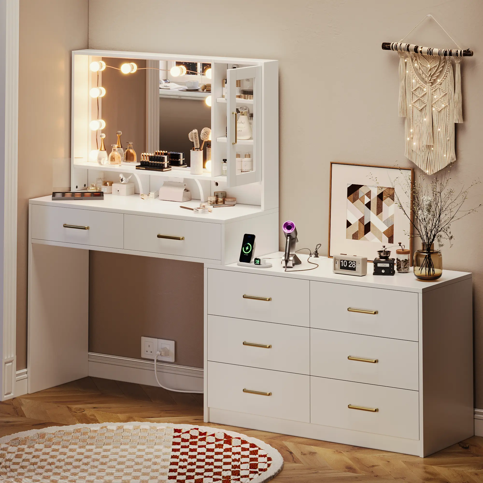 Large Vanity Desk with 3 Color Touch Screen Dimming Mirror,Vanity Desk with Charging Station,Modern Retractable Makeup Dressing Table,Vanity Table With storage shelves and 8 Sliding Drawers,White,Black