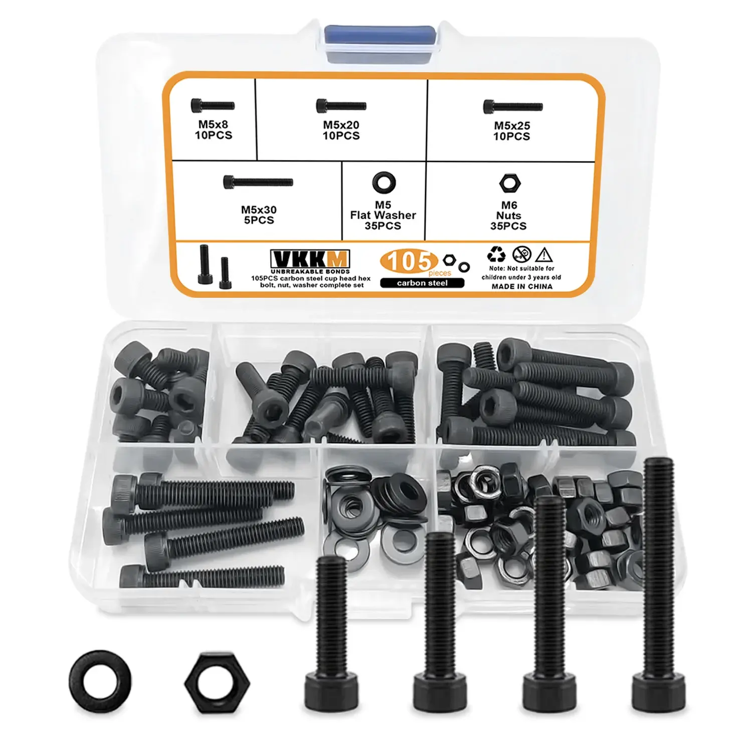 VKKM 105Pcs M5 Button Head Hex Socket Screws Assortment Kit, 10.9 Grade High Tensile Alloy Steel Black Allen Bolts with M6 Nuts & Flat Washers, for Machinery, Automotive, Equipment & Heavy Duty DIY Fastening Repair