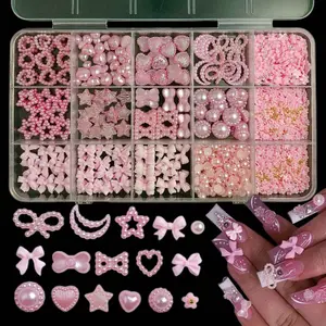 1Box 3D Pink Series Resin Nail Charms,Multiple Style Simulated Heart Moon Half Round Pearl Classic Bows Nail Decorations DIY Sweet Wind Nails Art, Nail Art Design