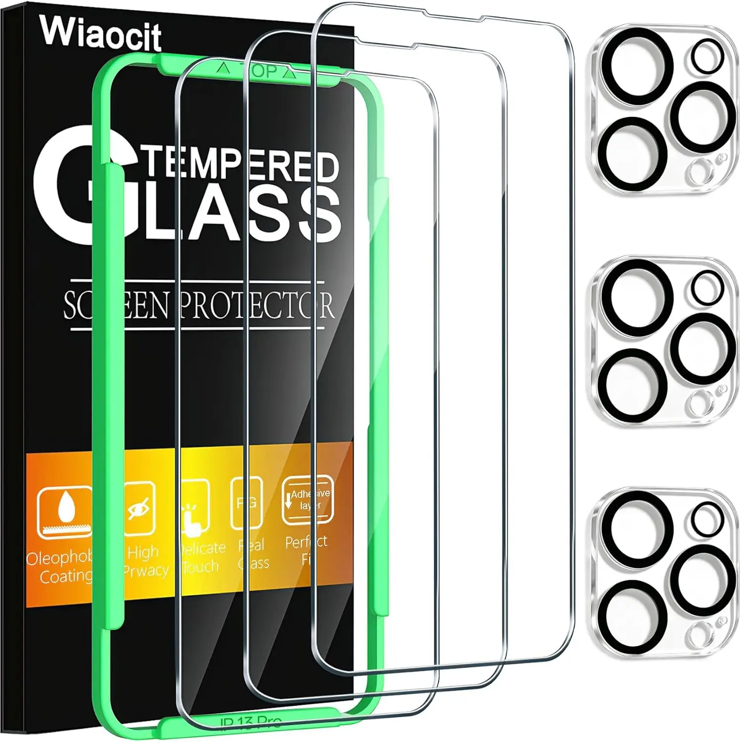 3 Pack Tempered Glass Privacy Screen Protector for iPhones with 3 Pack Camera Lens Protector, 9H Hardness, Bubble Free, Case Friendly
