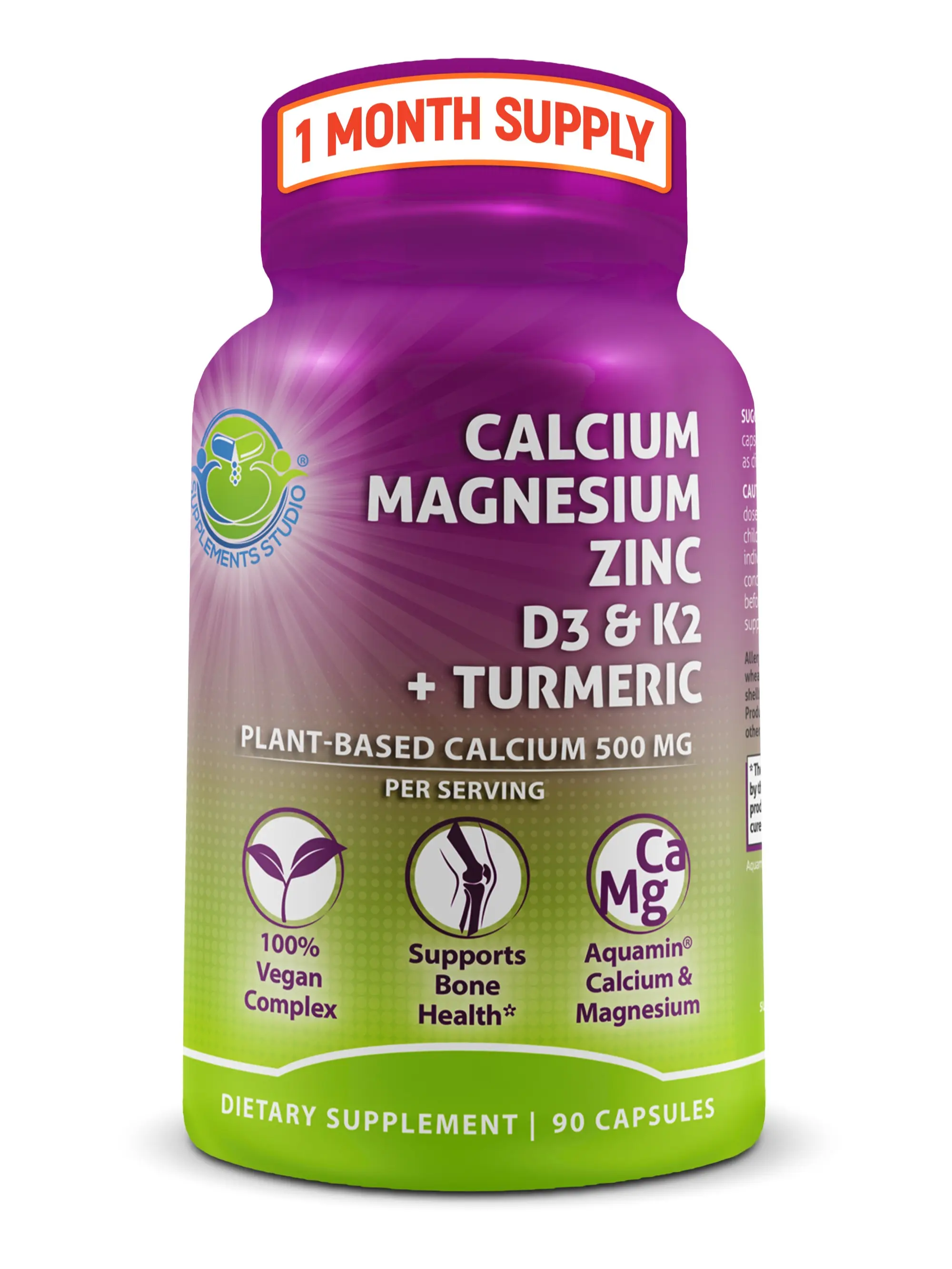 SUPPLEMENTS STUDIO Plant-Based Calcium 500mg (Aquamin) - Vegan Calcium with Magnesium, Zinc, Vitamin D3, K2 & Organic Turmeric - Supports Bone Health & Muscle Function - Easy to  Swallow