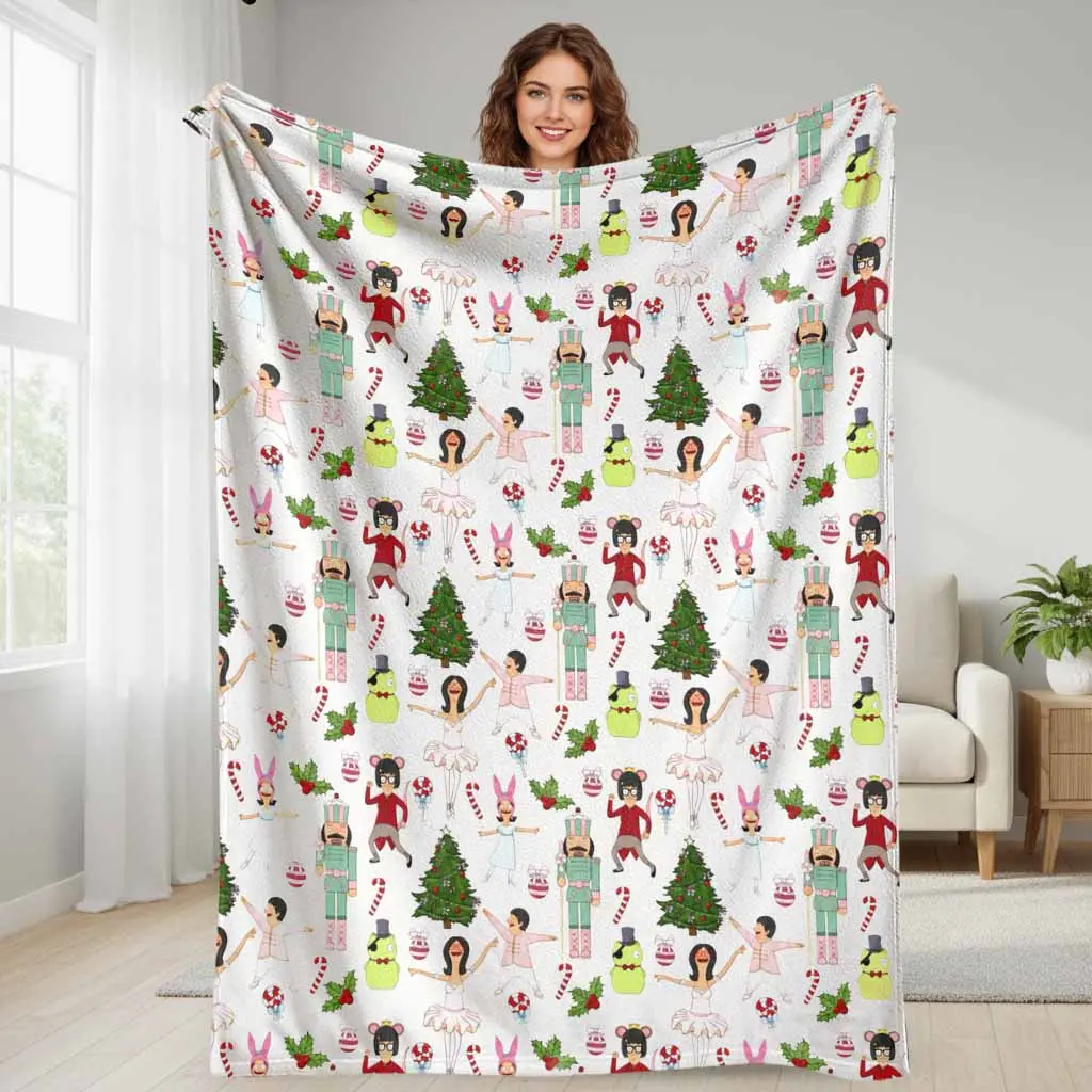 Bob's Burgers Characters Flannel Blanket - Christmas Festive Theme Nutcracker Tree Print, Flannel Fabric, Lightweight Weave, Super Soft Fuzzy Warm Multi-Size Throw for Winter Bed Couch Home Decor Gift, Living Room