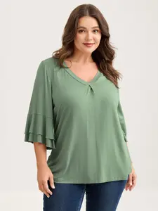 BLOOMCHIC Lady's Regular-Sleeve Pleated T-Shirt - Supersoft Spandex-Rayon Blend Fabric Garment Layered Ruffles Medium-Length Regular Fit Casual Minimalist Basic Blouse [M-6X] 2026 Summer Pick 2026 Summer Vibes Womenswear Swimweek