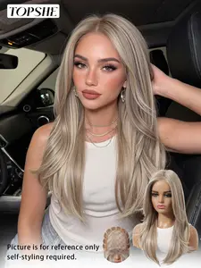 Topshe Mono Medium Length Straight Hair Wig, Straight Synthetic Wigs, Tiktok Trendy Ice Gradient, Natural Parting, Breathable Comfort, Easy Care, Synthetic Fiber Wigs