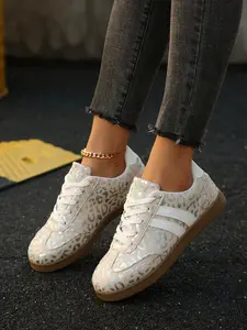 Holographic Leopard Print Sneakers, Flowing Texture Design, Board Shoe Style, Sweet Cool Casual Wear, Daily Fashion Shoes, Sports Shoes