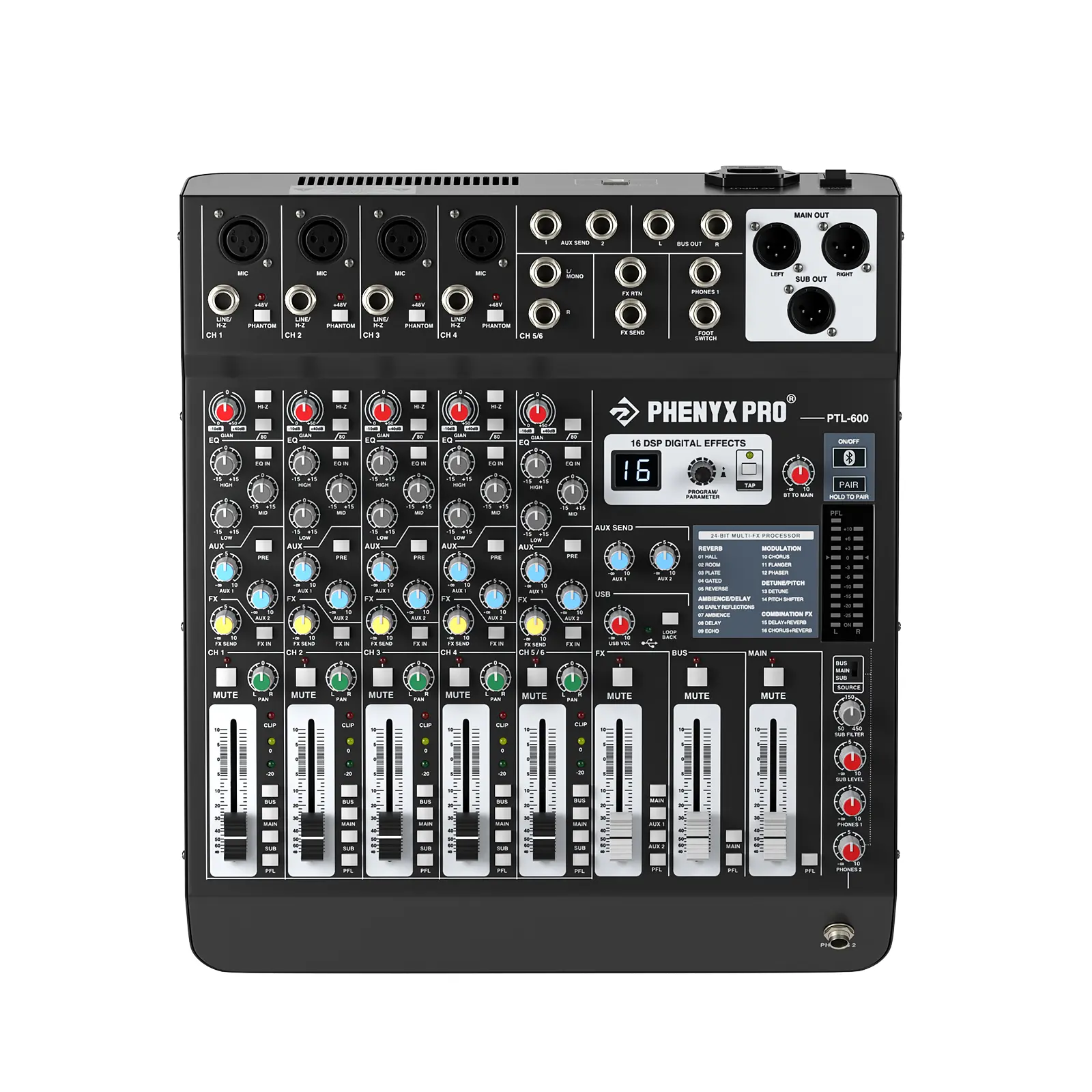 Phenyx Pro 6-Channel Professional DJ Audio Mixer - Wireless, 16 DSP Effects, AUX/BUS/SUB Routing, Bluetooth Streaming, USB-B PC Compatible Recording, for Live Stage, Studio