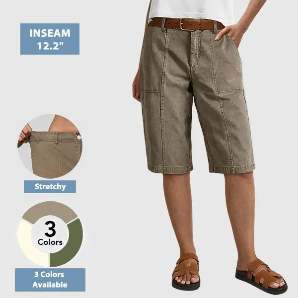 Flamingals Solid Stitch Detail High Waist Bermuda Shorts Womenswear Stretchy 12.2" Inseam Summer Vibes