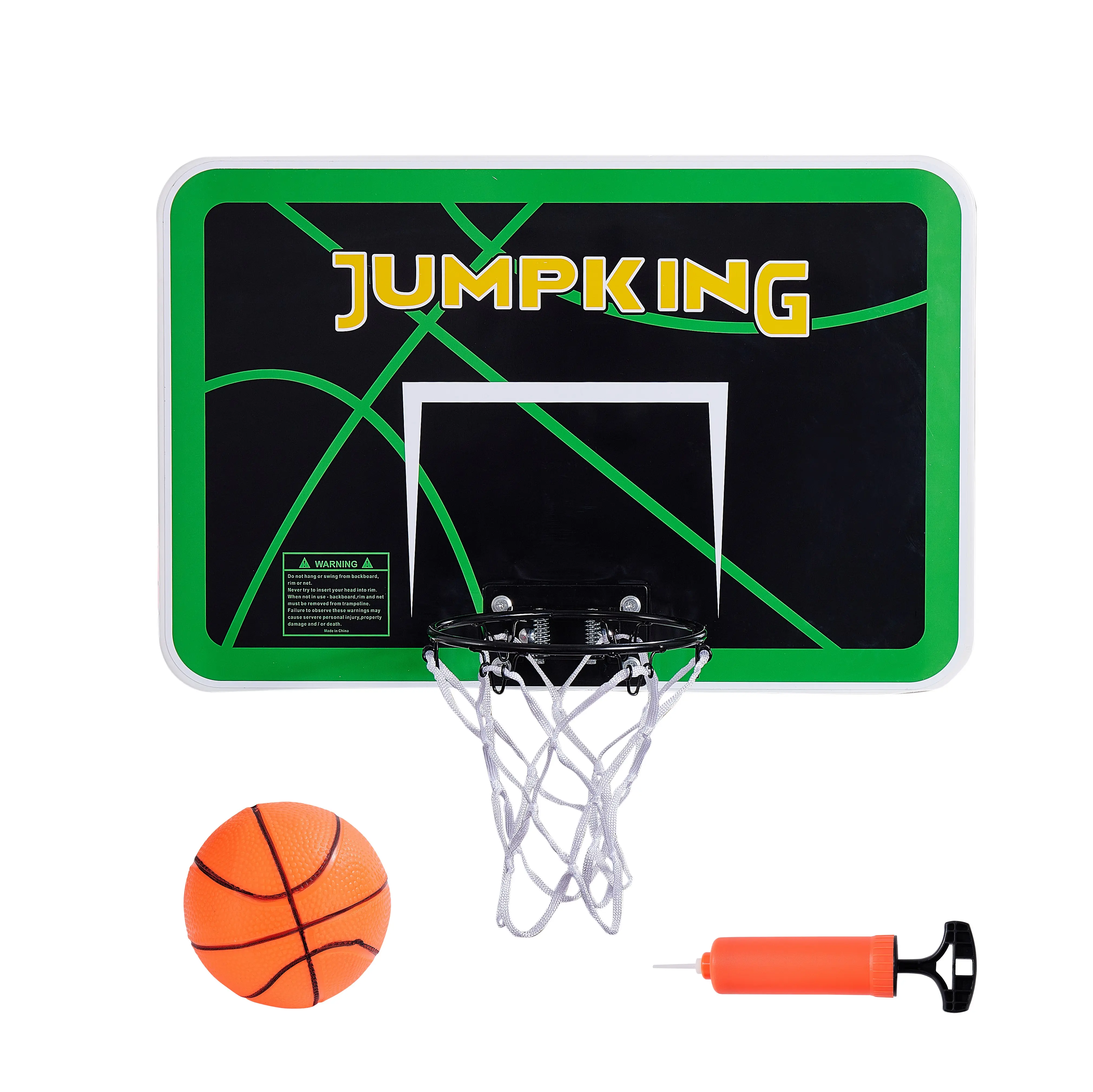 JumpKing Trampoline Basketball Hoop Set – Breakaway Metal Ring with Goose Neck Pole & Inflatable Mini Basketball (Fits Most Trampoline Models)