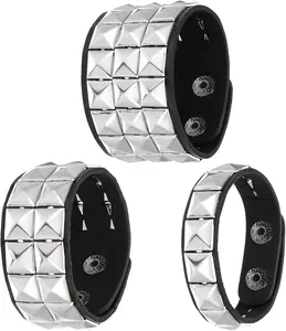 3 Pcs Punk Leather Rock Studded Bracelet, 80s Emo Spiked Bracelets Retro Goth Cuff Bracelets Studded Arm Band Costumes Accessories for Women Men