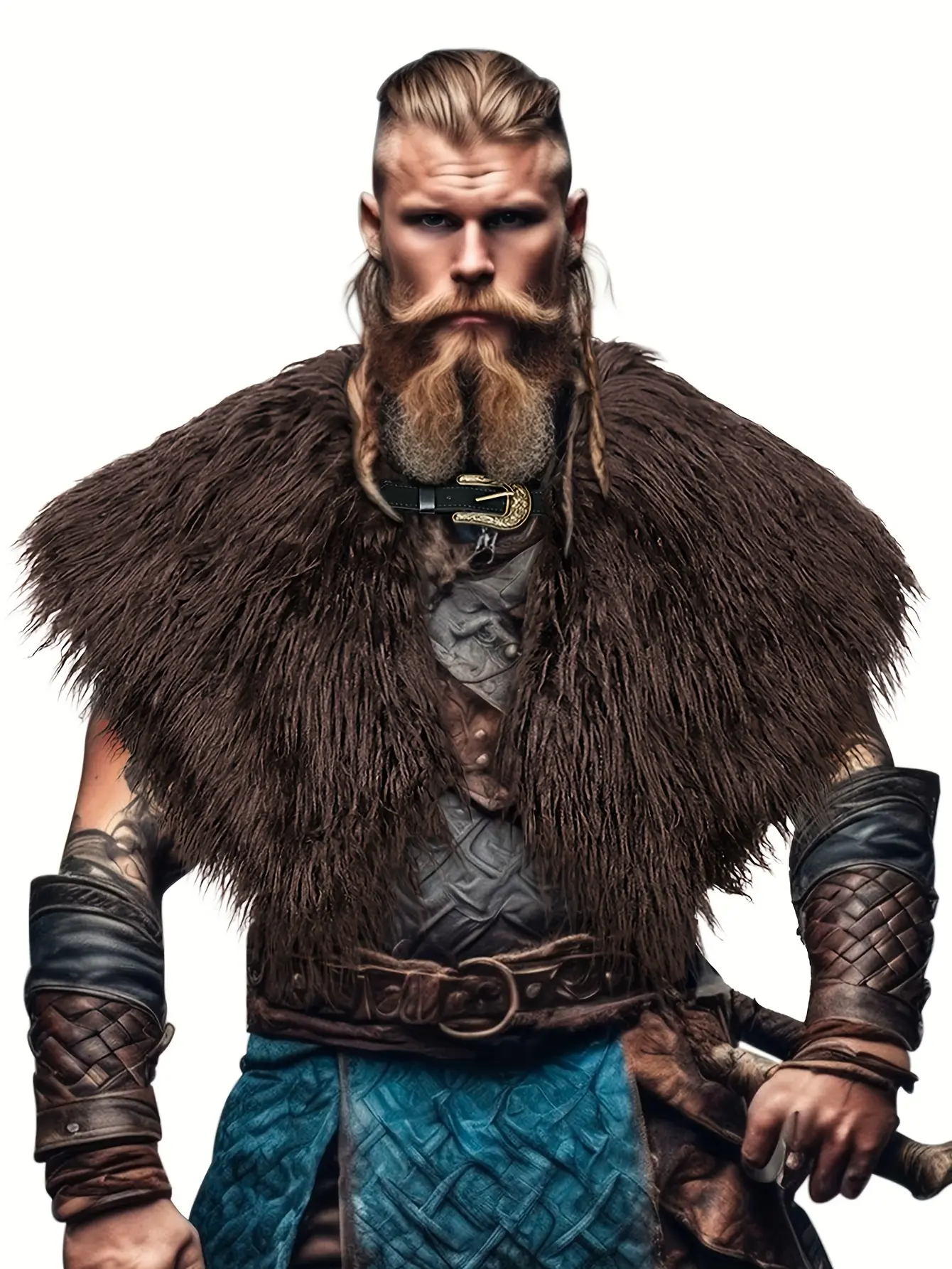 1pc Men'S Medieval Faux Fur Shawl, Viking Cosplay Costume with Belt, Halloween Costumes