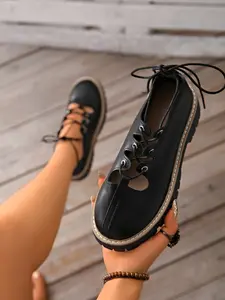 Women's Hollow Out Lace-Up Chunky Sole Shoes Sneaker, Casual Textile Upper Rubber Sole, All Season Fashion Footwear