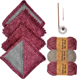 KnitPal Everyday Joy Tunisian Crochet Dishcloth Kit | Make 4 Reusable Dishcloths | DK Cotton Yarn, Tunisian Hook & Video Guide | Confident Beginner (Cherry Red + Elephant Gray)