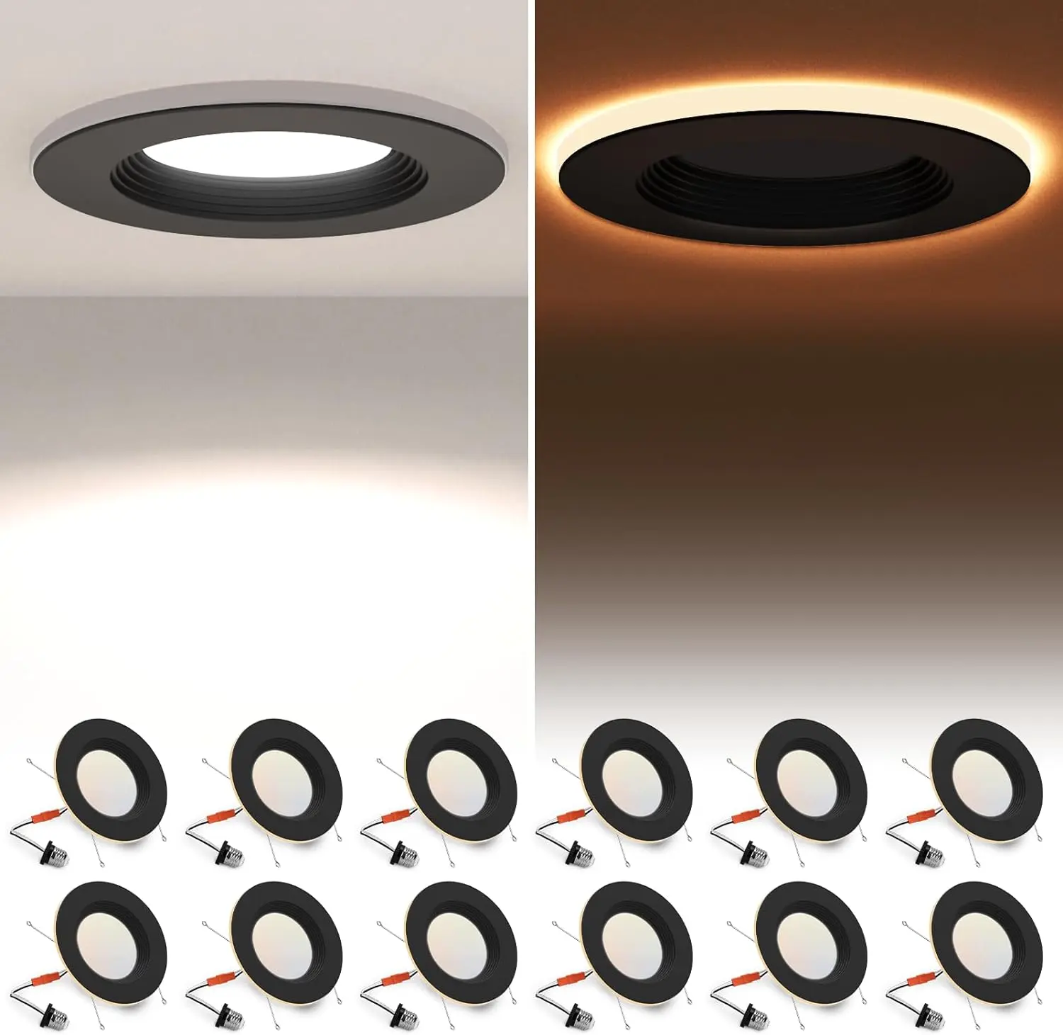 POWERASIA 12 Pack 4/6 Inch Black LED Can Lights Retrofit Recessed Lighting 5CCT Dimmable 2700K-6000K 9W 630LM ETL Energy Star for Kitchen & Living Room