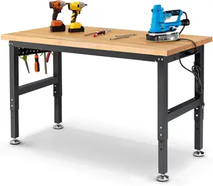 ENJOYWOOD  60 Inch Workbench for Garage Adjustable Height Work Bench with Pegboard Power Outlets Rubber Wood Tabletop Work Table for Cutting Wood Woodworking Shop Home Office Electronic