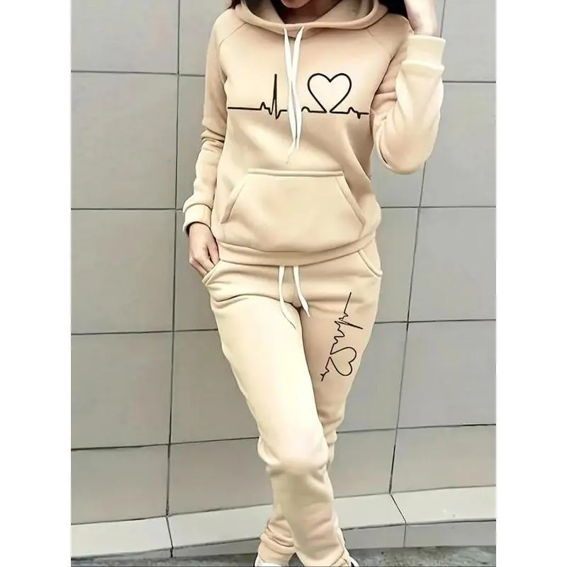 Women's 2-Piece Soft Fabric Longsleeves Sports Clothing Set - Heart Print Raglan Sleeve Hoodie, Drawstring Waist Pocket Jogger Pants, Casual Fall & Winter Clothes