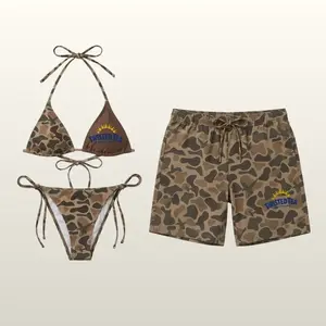 Tw!sted Tea Camo Matching Couples Swimwear, String Bikini Set with Men’s Camouflage Swim Shorts Beach Party Outfit
