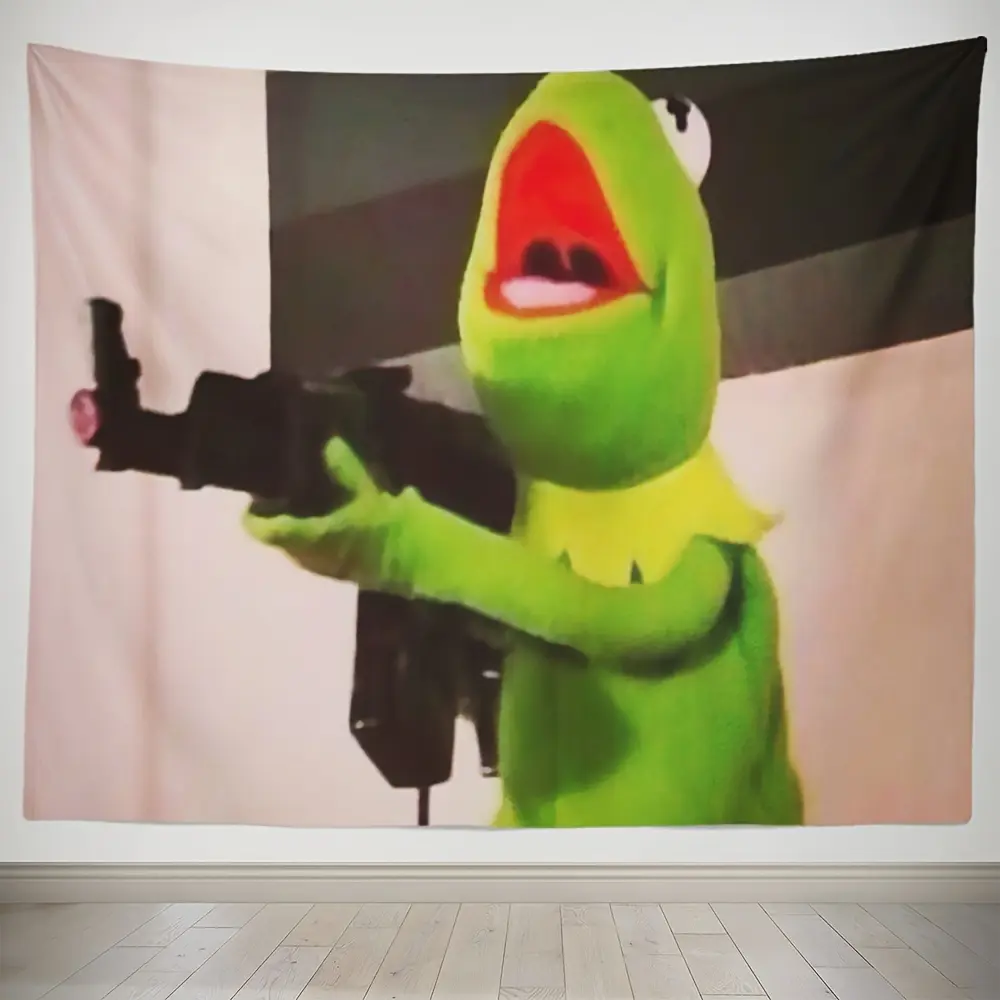 Kermit the Frog Tapestry - Large Muppets Wall Hanging with Barb Clips, Room Decor Accent, Soft Peach Beige Velvet-Like Soft Touch Fabric, Iconic Green Frog Icon Home Decor, Lightweight