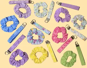 Colorful Fabric Keychain and Scrunchie Set Handmade Accessories Vibrant Wristlet Keychain Matching Hair Scrunchie Set for Daily Wear and Gift-Ready