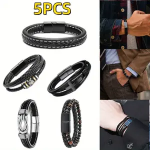 5PCS Men'S Black Leather Bracelet,Men'S Bracelet, Leather and Steel Braided Cuff Bracelet pendant