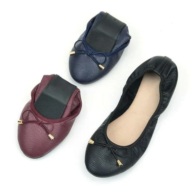 Women's Foldable Textured Faux Leather Ballet Flats - Round Toe, Slip-On Bow, Roll-Up Travel Shoes, Portable Purse Emergency Shoes for Office Commute Driving, Comfortable Casual Elegant Footwear, Office Work