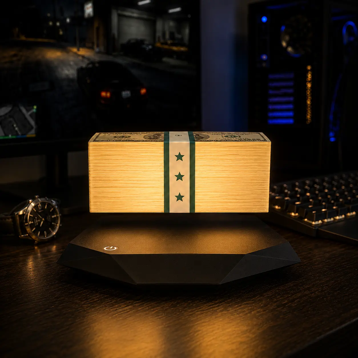 Magnetic Levitating Money Stack Night Light | LED 3-Color Modes (Warm/Cool/White) 360° Floating Cash Ambient Lamp, Crime City Heist Room Decor for Bedside & Game Room & Halloween Decor