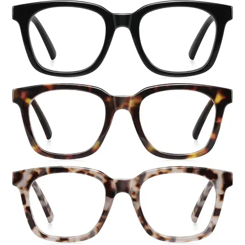 resjok Women's 3-Pair Square Frame Eyeglasses, Full-Rim Blue Light Glasses, Anti-Glare Plastic Frames, Magnifying Lenses, Lightweight Durable Glasses for Computer, Phone & Gaming Use, Female Adult Eye Fashion, Glasses Blue Light,familyfun