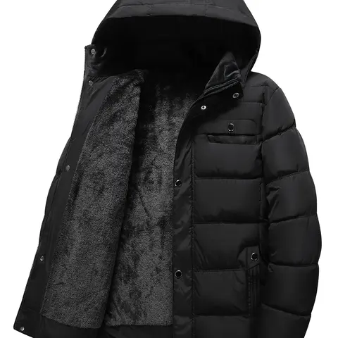 Men's Black Hooded Quilted Puffer Coat - Menswear Long Sleeve Tops, Fleece-Lined Cold Weather Gear, Solid Color Casual Instant Warmth Outerwear