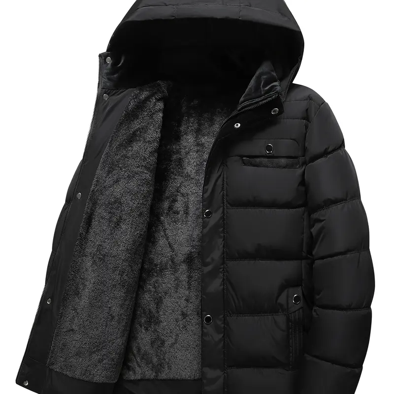 Men's Black Hooded Quilted Puffer Coat - Menswear Long Sleeve Tops, Fleece-Lined Cold Weather Gear, Solid Color Casual Instant Warmth Outerwear