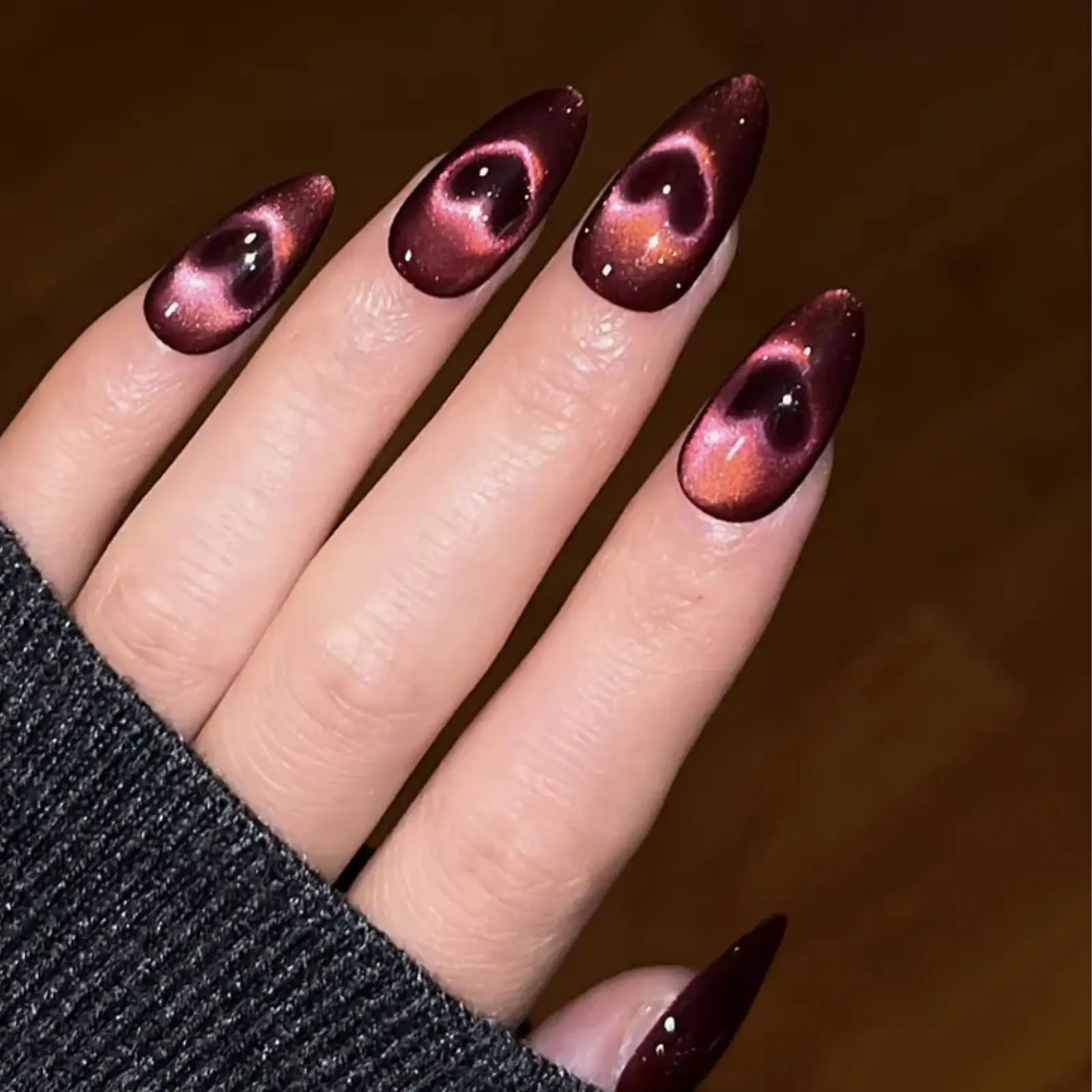 Galaxy Red Velvet Cat's Eye Love nails |Burgundy Cat Eye Galaxy Gel Press-On Nails – Almond Shape | Magnetic Velvet Effect- Valentines Nails