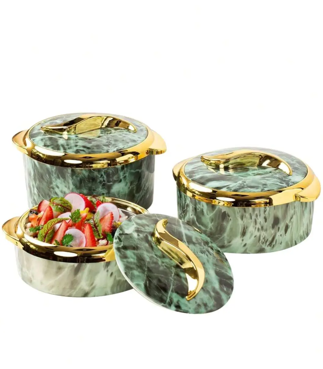 3-Piece Insulated Marble Design Casserole Dish Set - Stainless Steel Thermal Food Warmer with Lids, Heat-Resistant Serving Bowls for Cold/Warm Storage, Gathering-Ready Kitchen Containers with Insulation, 3-Piece Set