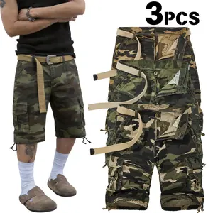 Menswear Stylish Men’s Camouflage Cargo Casual Shorts, 3-Pack with Multiple Camouflage Colors, Belt, Multi-Pocket Design, Drawstring Cuffs, Loose Fit, Durable Comfortable Shape-Retaining Fabric - Ideal for Outdoor Activities