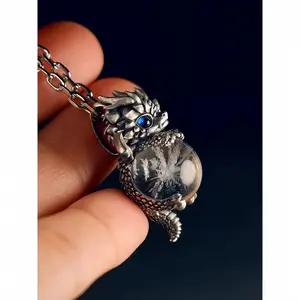 2025 New Cute Little Flying Dragon Pendant Blue Eye Holding Beads 3D Dragon Necklace Personality Retro Fashionable Trend Daily Wear Gift Cuban Link Chain